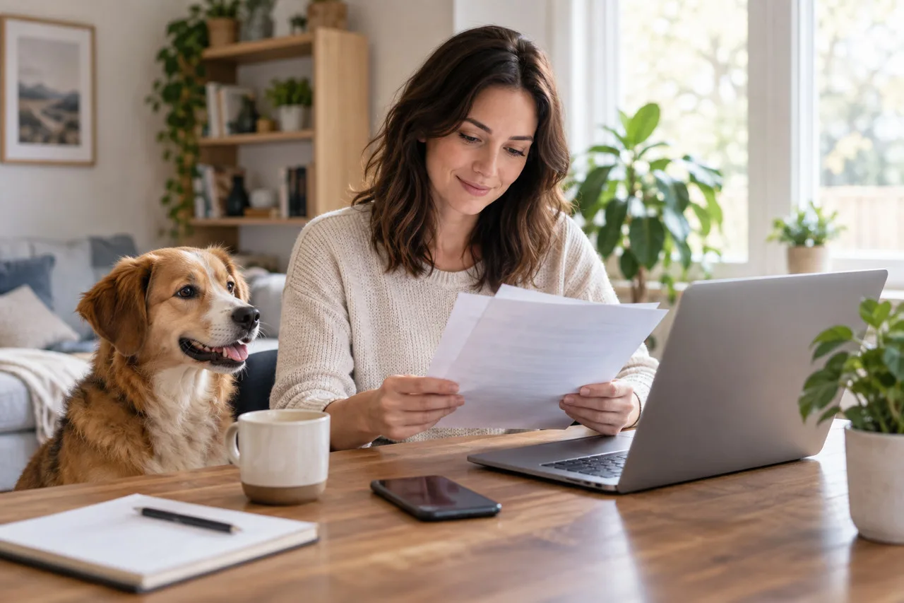 Owner comparing papers beside a laptop and dog